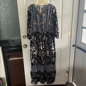 Polagram Black, Blue and Cream Floral Long Sleeve Dress